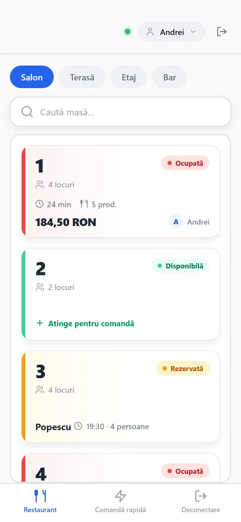 Aplicația de ospătar MESA pe telefon: lista meselor din salon, colorate după stare, cu total și număr de produse.