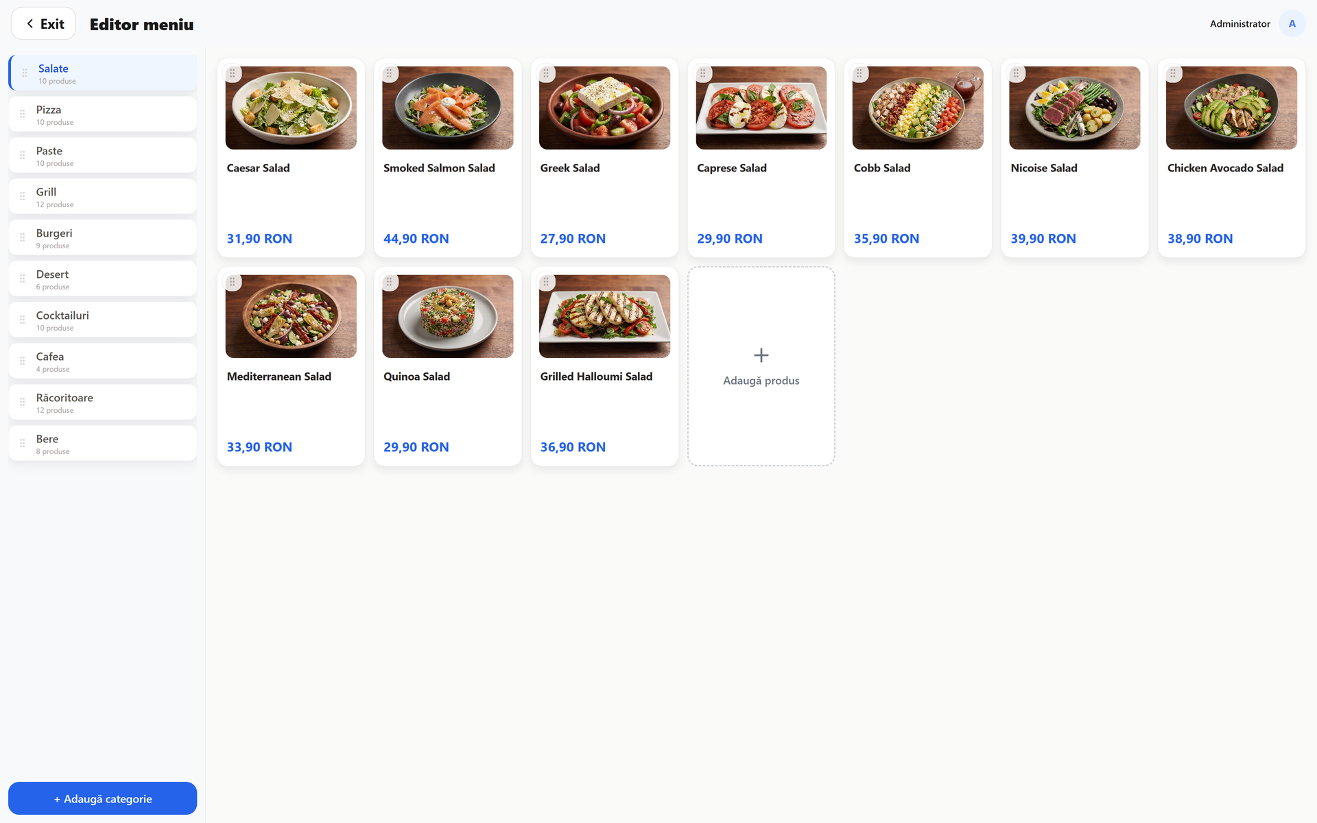 Editorul de meniu din MESA: produse cu poză, nume și preț, pe categorii, editat și de la distanță.