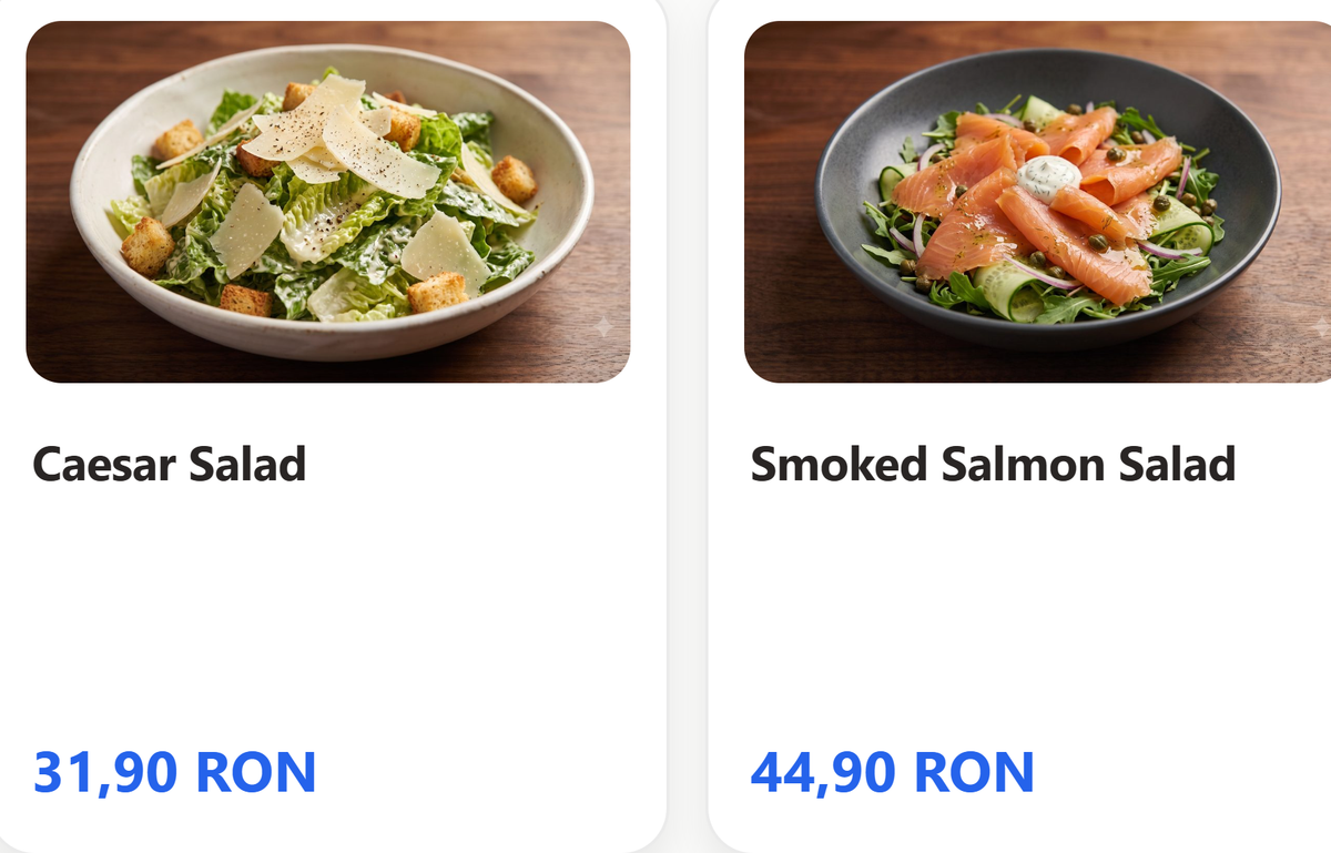 Editorul de meniu din MESA: carduri de produs cu poză, nume și preț — Caesar Salad 31,90 RON.