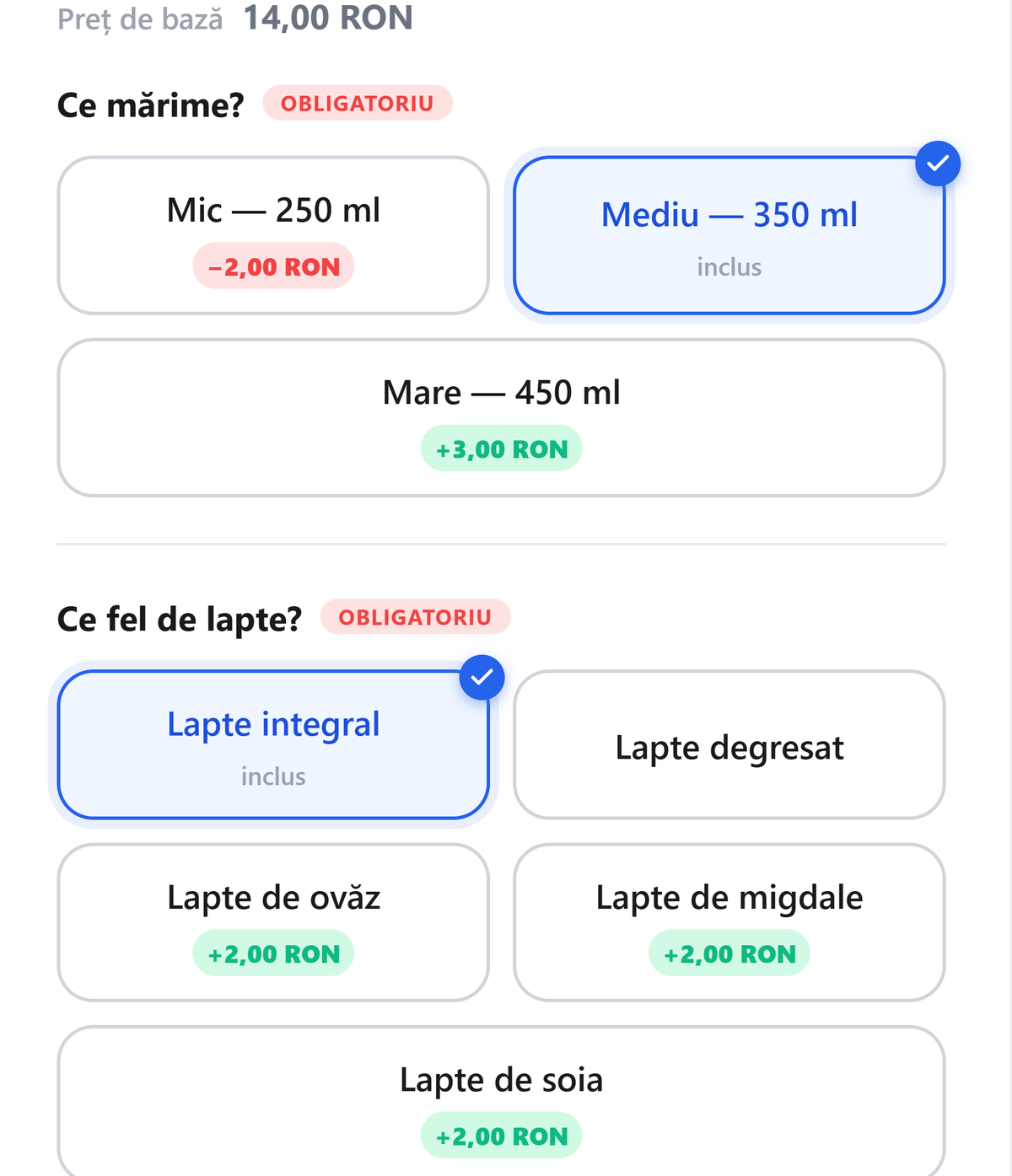 Configuratorul de produs din MESA: grupurile „Ce mărime?” și „Ce fel de lapte?”, fiecare opțiune cu diferența ei de preț.